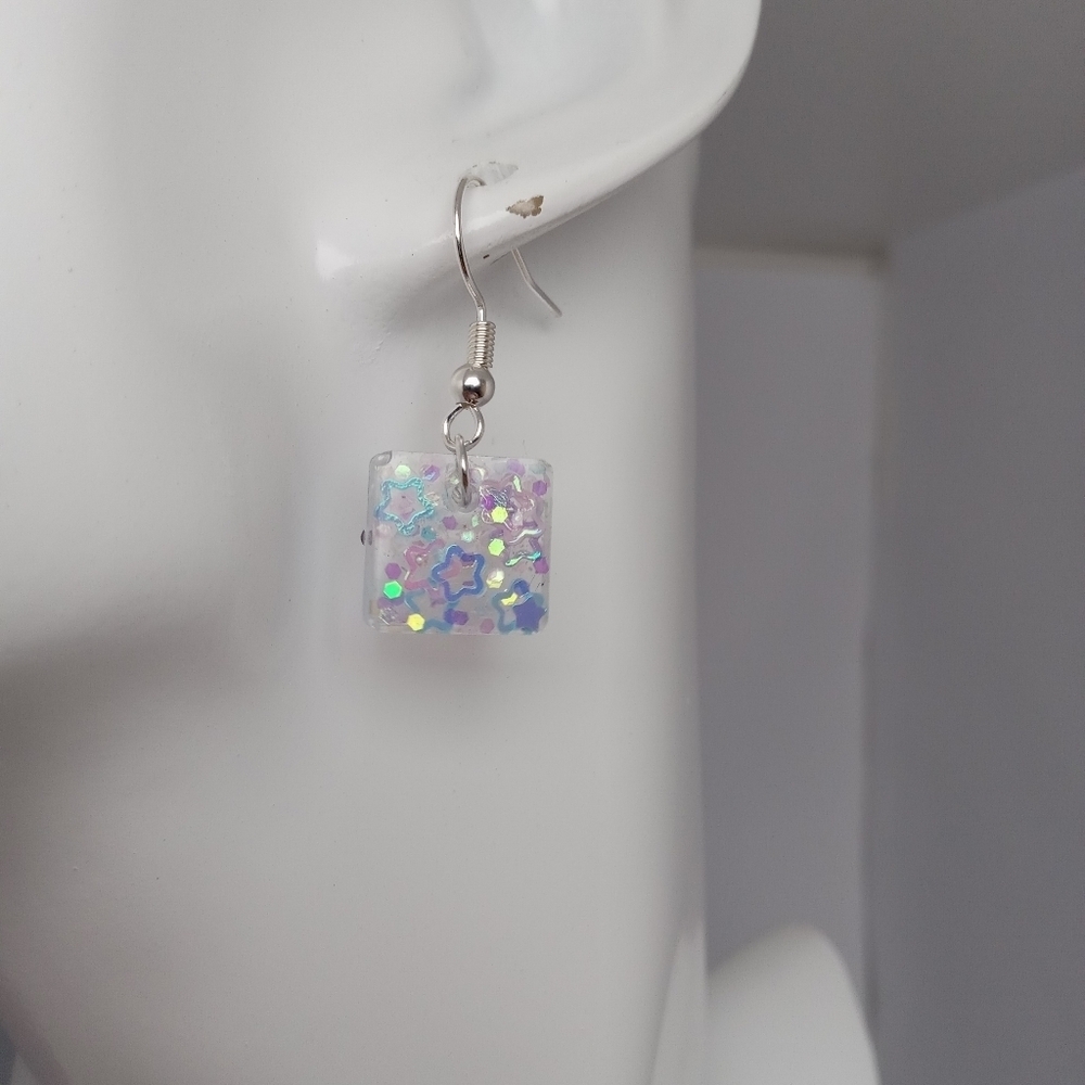 5/$25 Silver Earrings with Iridescent Cube Pendant